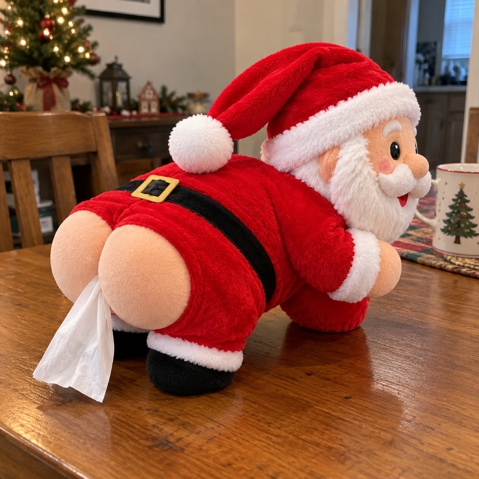 Side view of Santa Claus tissue dispenser showing plush body and rear tissue opening