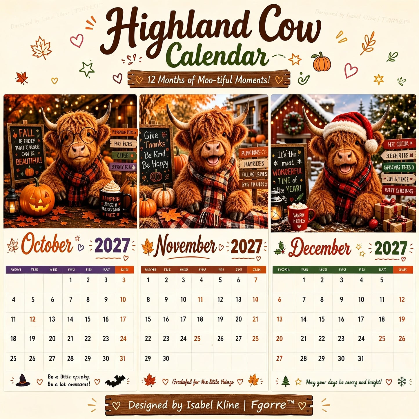 2027 Funny Highland Cow Wall Calendar | A4 Hanging Calendar | Designed by Isabel Kline