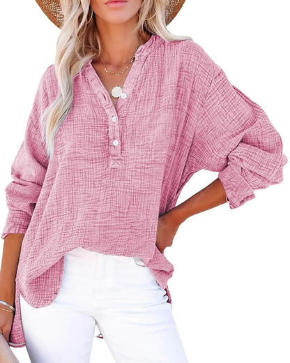 Damen Casual V-Ausschnitt Langarmshirts Knöpfe Solide Blusen Oberteile