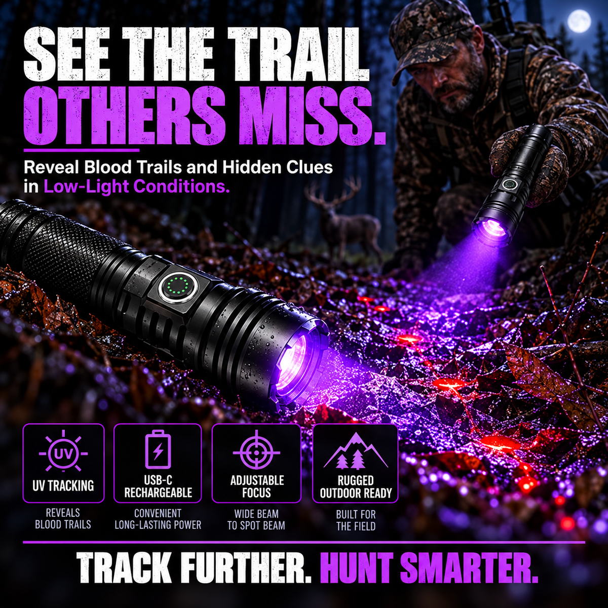 🔦 Rechargeable Blood Tracking Flashlight – High-Visibility Light for Night Hunting & Outdoor Adventures