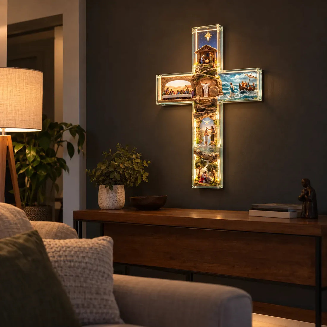 Jesus Story cross with warm glowing outline displayed in a living room