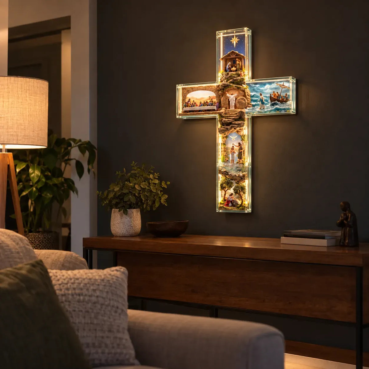 ✝️ Jesus Story Illuminated Cross – 6 Biblical Scenes with Warm Golden Glow