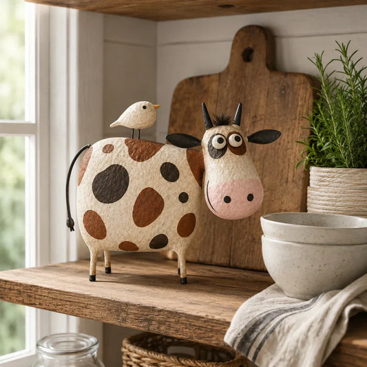🔥Hot Sale🐮Whimsical Cow & Bird Folk Art Figurine – Rustic Farmhouse Tabletop Decor Gift