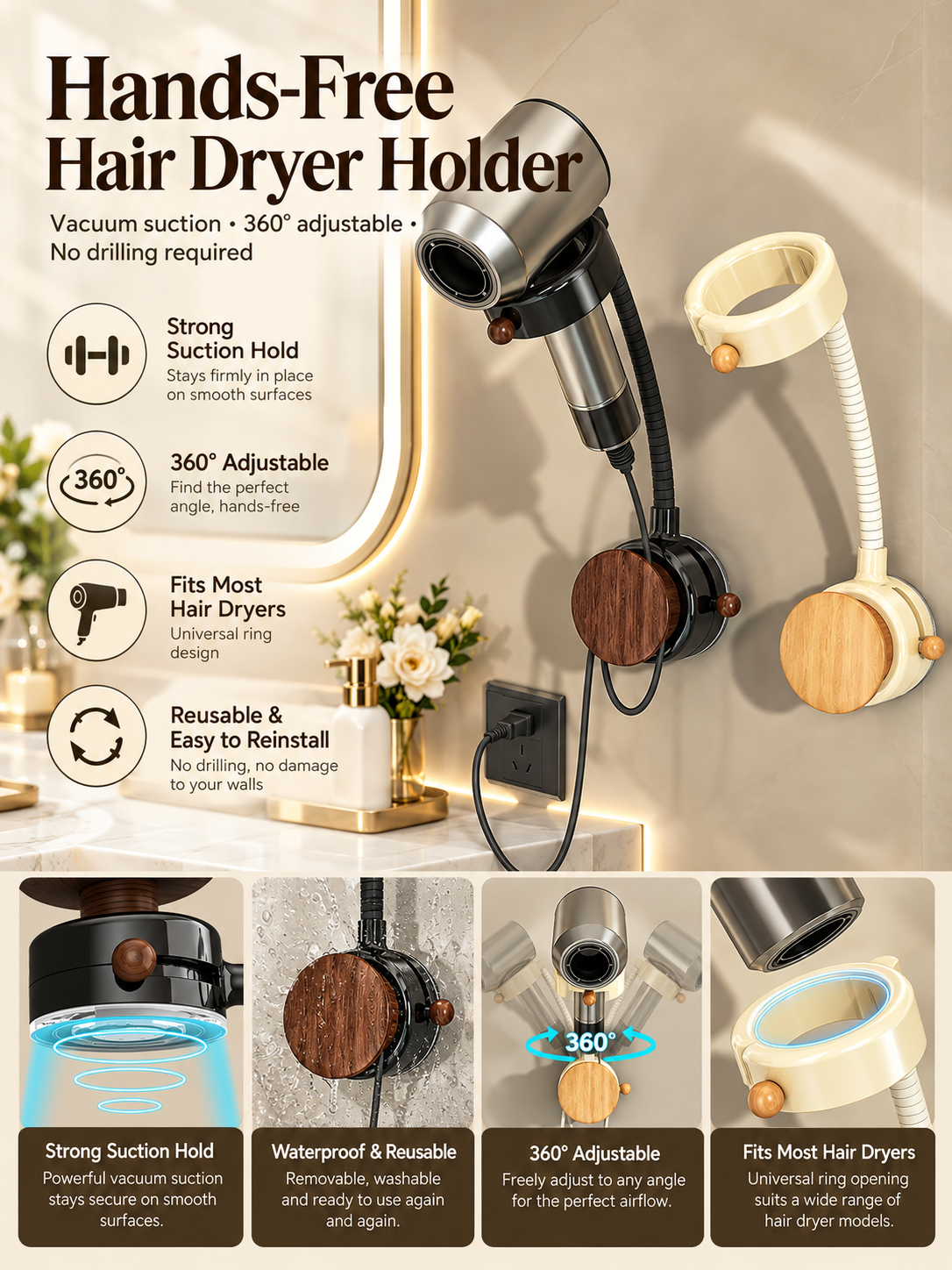 Hands-Free Hair Dryer Holder – No-Drill Suction Mount with Adjustable Arm & Cord Storage