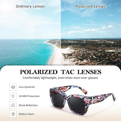 🕶️ Polarized Sunglasses for Women – UV400 Protection, Floral Frame, Fit Over Prescription Glasses