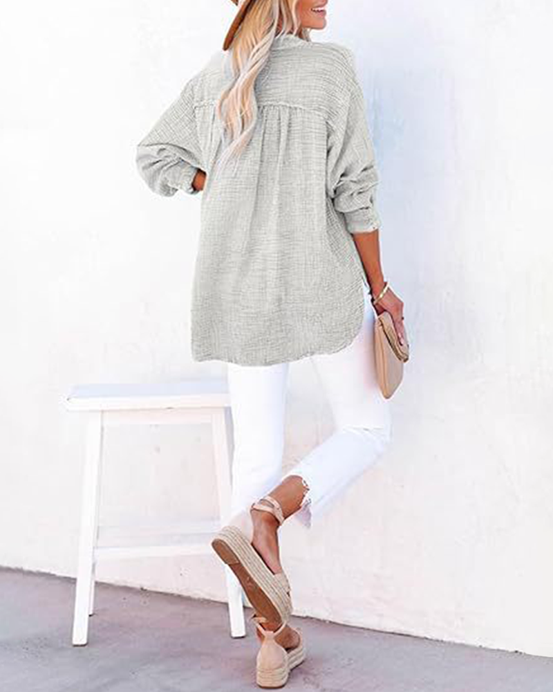 Damen Casual V-Ausschnitt Langarmshirts Knöpfe Solide Blusen Oberteile