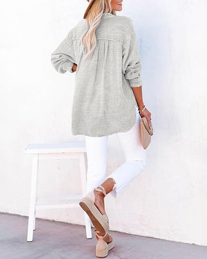 Damen Casual V-Ausschnitt Langarmshirts Knöpfe Solide Blusen Oberteile