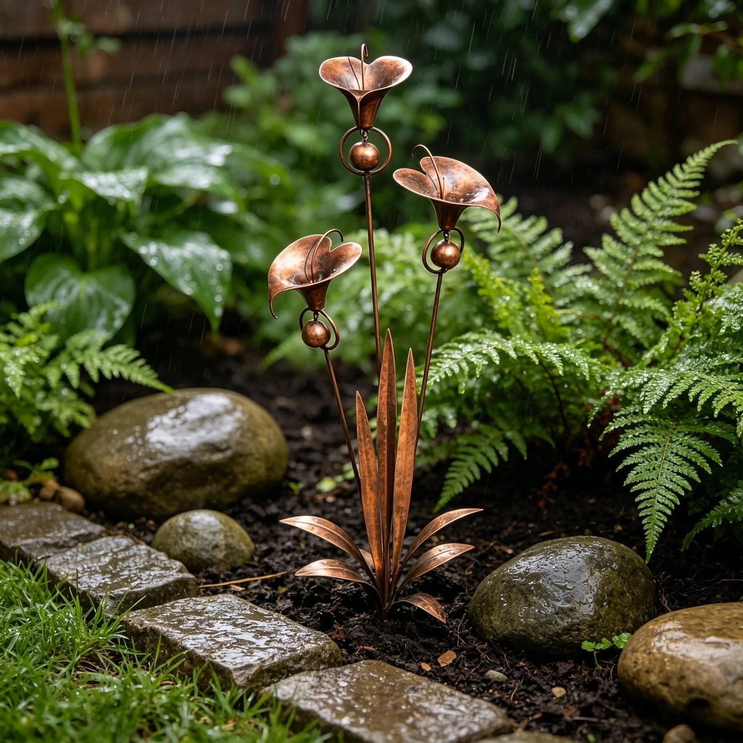 ⚡️Flash Sale🏡Flamed Copper Three Calla Lilies Garden Stake with Bells