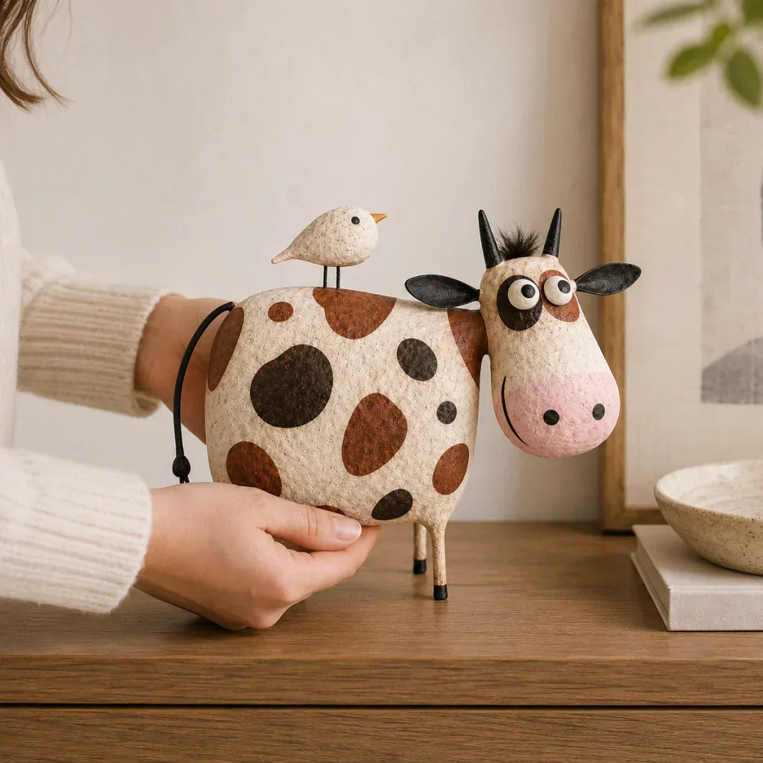 🔥Hot Sale🐮Whimsical Cow & Bird Folk Art Figurine – Rustic Farmhouse Tabletop Decor Gift