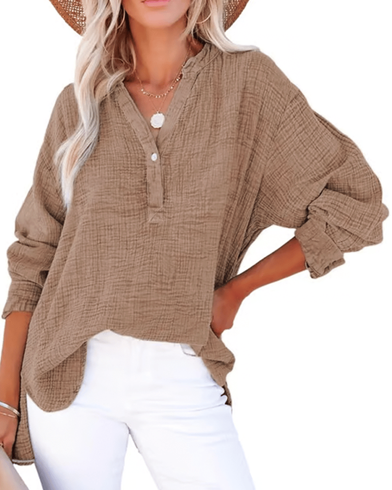 Damen Casual V-Ausschnitt Langarmshirts Knöpfe Solide Blusen Oberteile