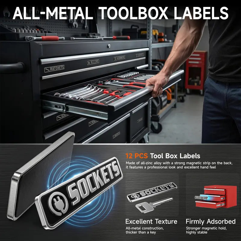 Garage workshop with organized toolbox drawers and magnetic tool category labels