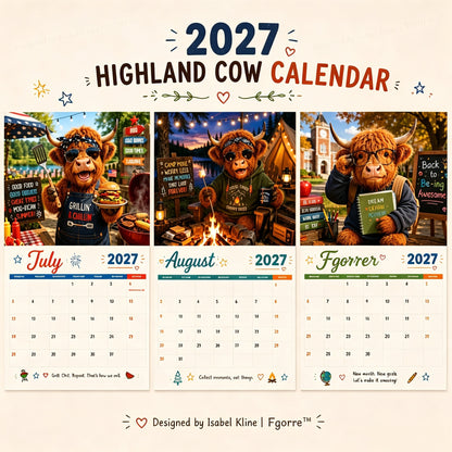 2027 Funny Highland Cow Wall Calendar | A4 Hanging Calendar | Designed by Isabel Kline