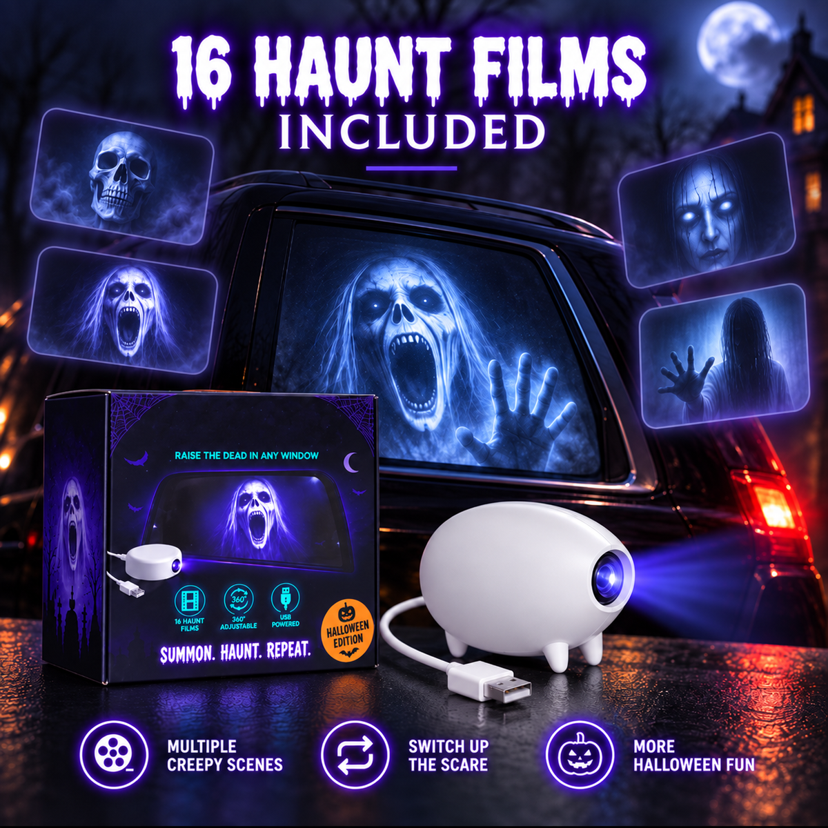 🏅2026 Best Seller🎃 Halloween Window Projector 👻 12 Spooky Films USB Powered Holiday Decor