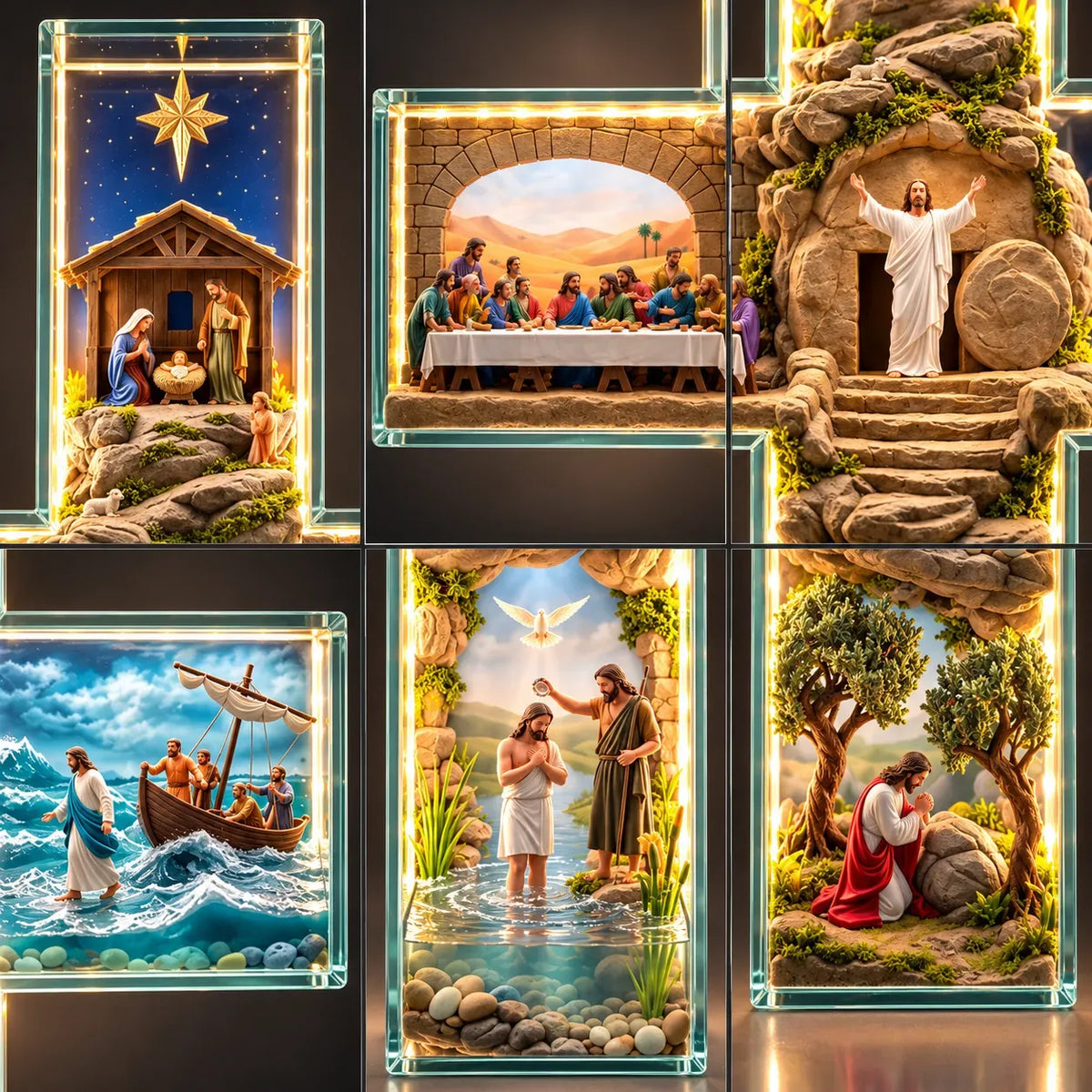 ✝️ Jesus Story Illuminated Cross – 6 Biblical Scenes with Warm Golden Glow