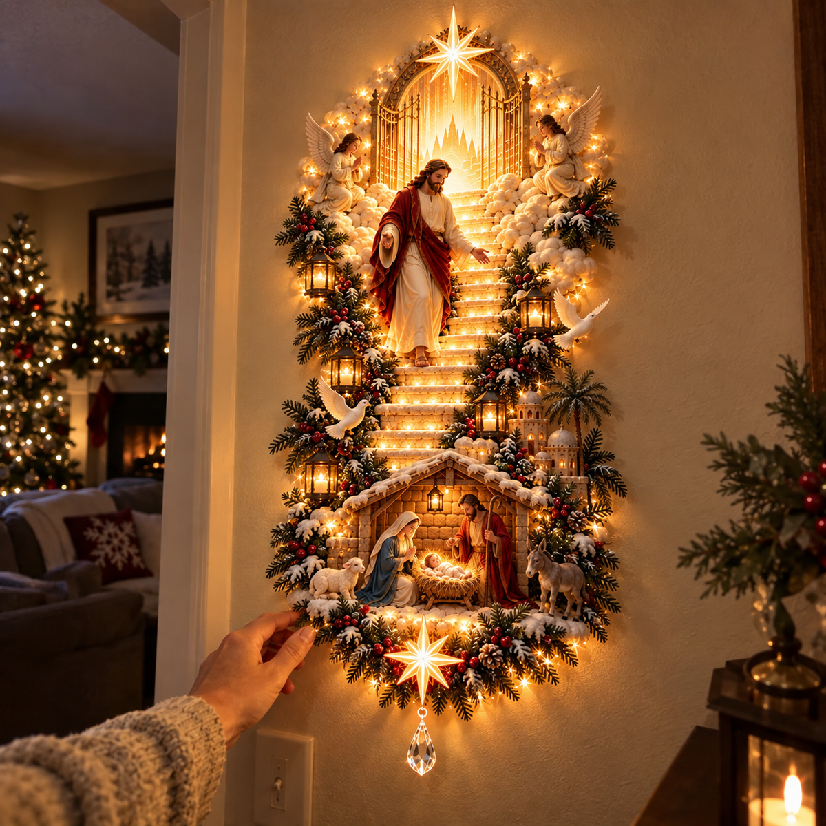 ✨ Jesus Christmas Wall Hanging – Illuminated Nativity Stairway Decor
