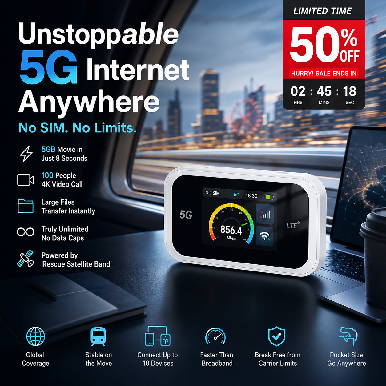 2026 HOT SALE🔥50K+ SOLD! 50% OFF!🌍Mobile Hotspot – Portable WiFi, full coverage anywhere. No contract, no setup. Stay connected on the go!