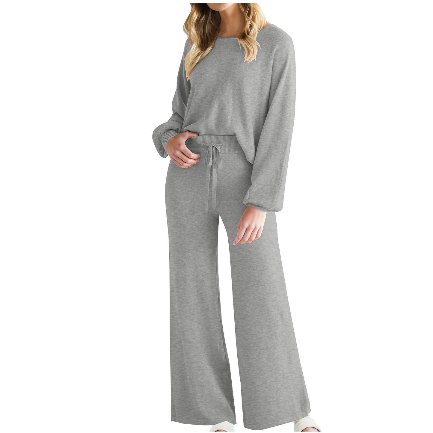 Womens Fall Winter Casual Solid Knitted 2 Piece Sets Long Sleeve Hoodie