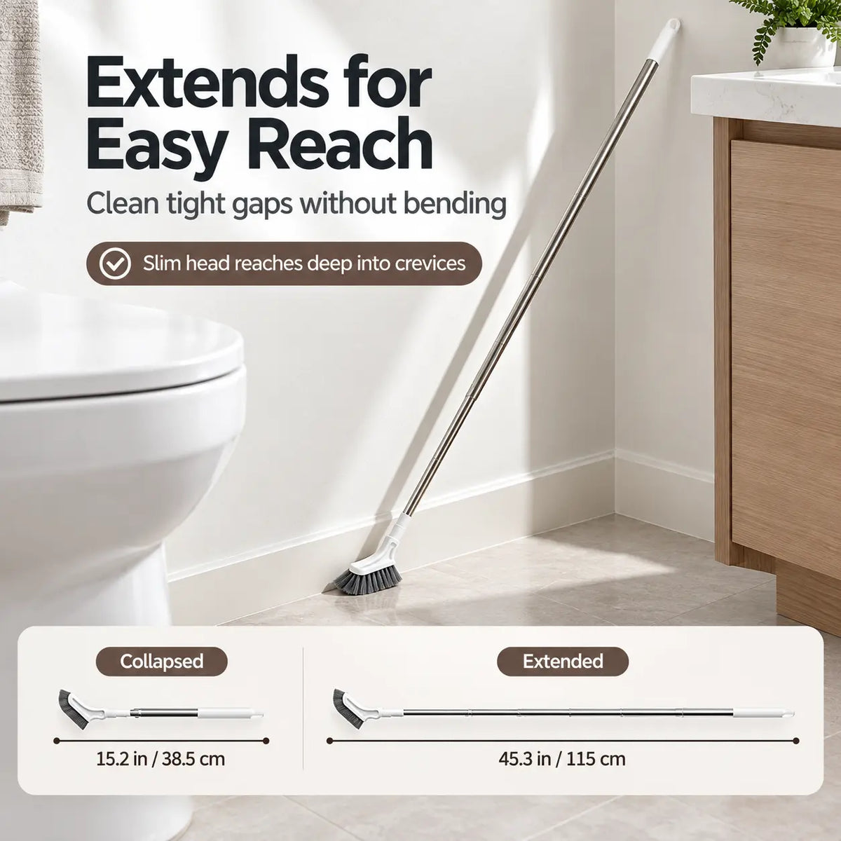Cleaning brush displayed in collapsed and extended handle positions near a bathroom floor