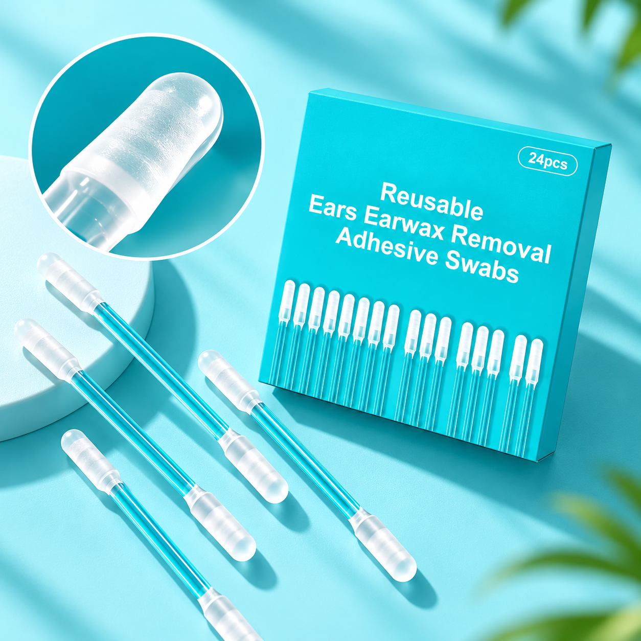Earwax adhesive swab set with close-up tip detail