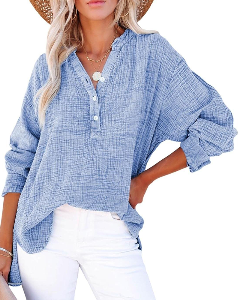 Damen Casual V-Ausschnitt Langarmshirts Knöpfe Solide Blusen Oberteile