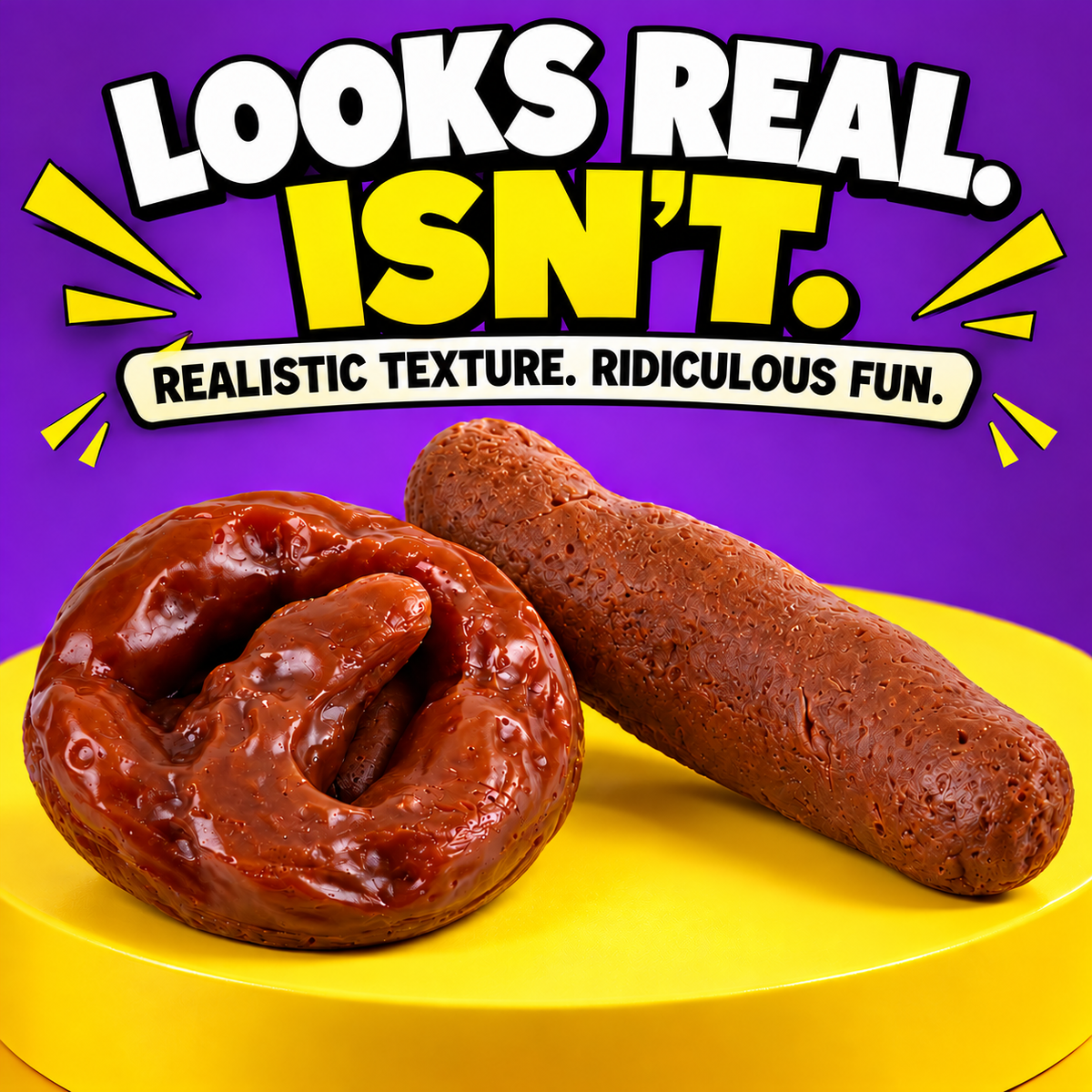 Close-up of fake poop prank props with molded realistic surface textures