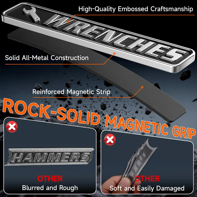 Magnetic toolbox label construction illustration showing raised lettering and rear magnetic strip