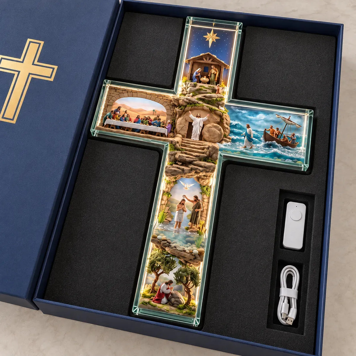 ✝️ Jesus Story Illuminated Cross – 6 Biblical Scenes with Warm Golden Glow