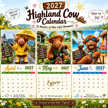 2027 Funny Highland Cow Wall Calendar | A4 Hanging Calendar | Designed by Isabel Kline