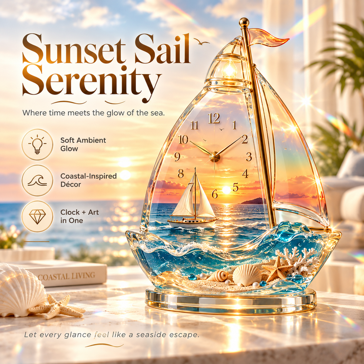 🌊 Coastal Glow Ocean Wave Sculpture – Crystal-Look Decorative Clock Collection