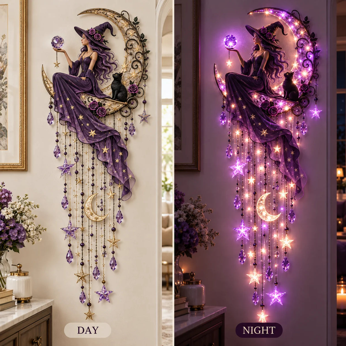 🌙✨ Witch Moon Starfall Wall Light – Magical Purple Celestial Decor