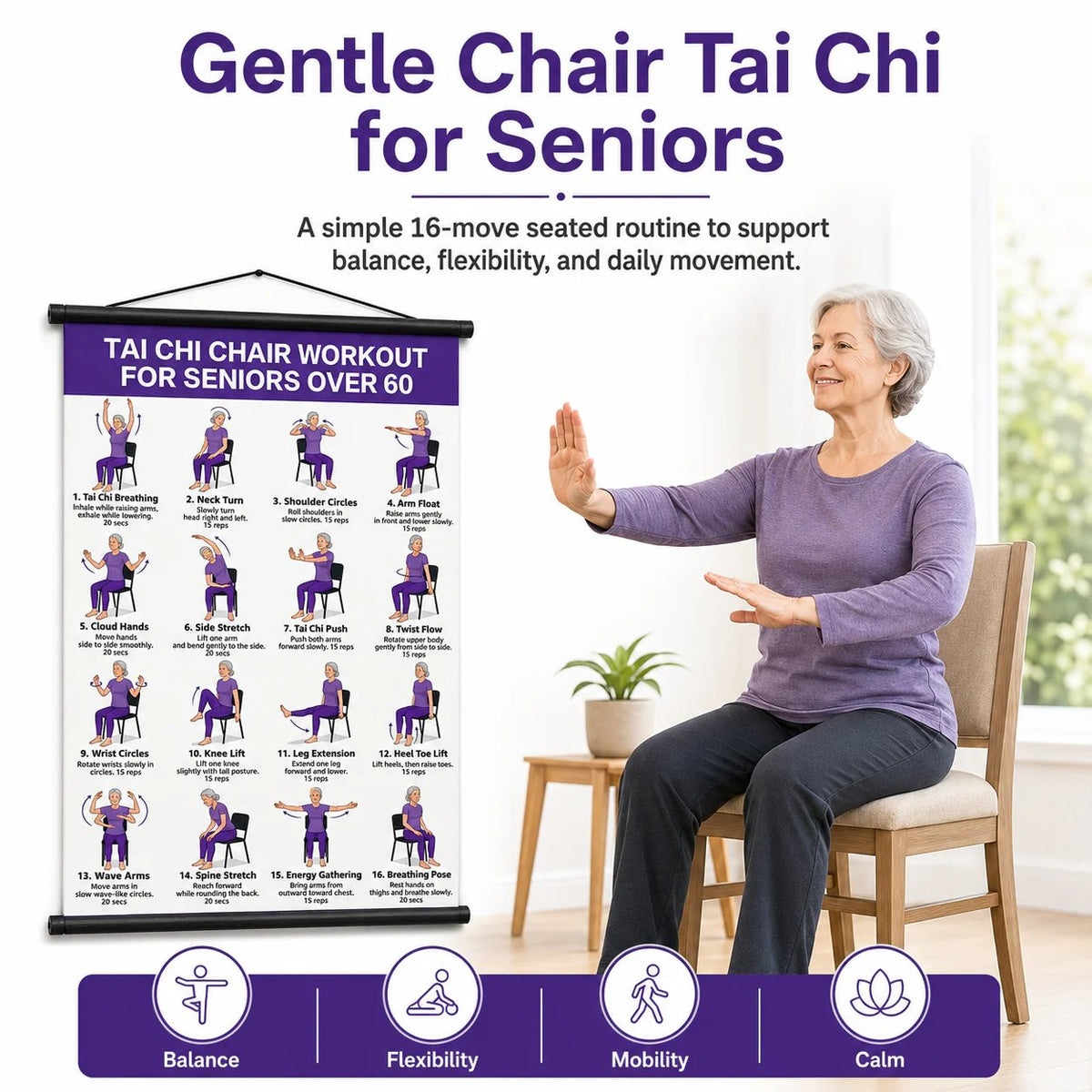 🏅Chair Tai Chi Workout Poster for Seniors – 16 Seated Exercises for Balance & Flexibility (16×24 in)