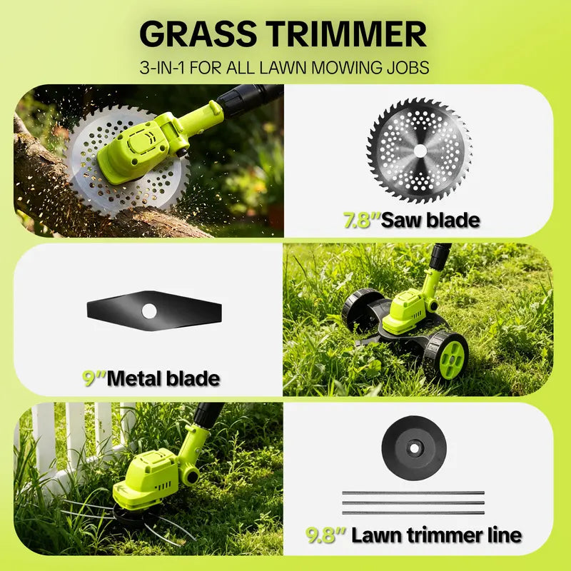 🌿⚡21V 3-in-1 Cordless String Trimmer, Edger & Mini Mower – 2 Batteries Included