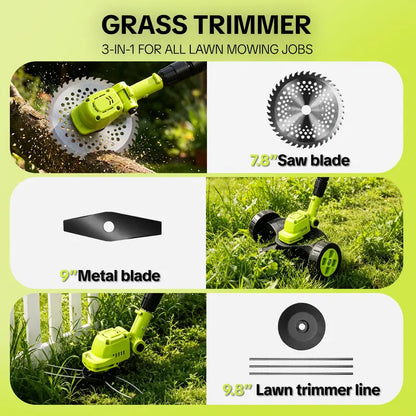 🌿⚡21V 3-in-1 Cordless String Trimmer, Edger & Mini Mower – 2 Batteries Included