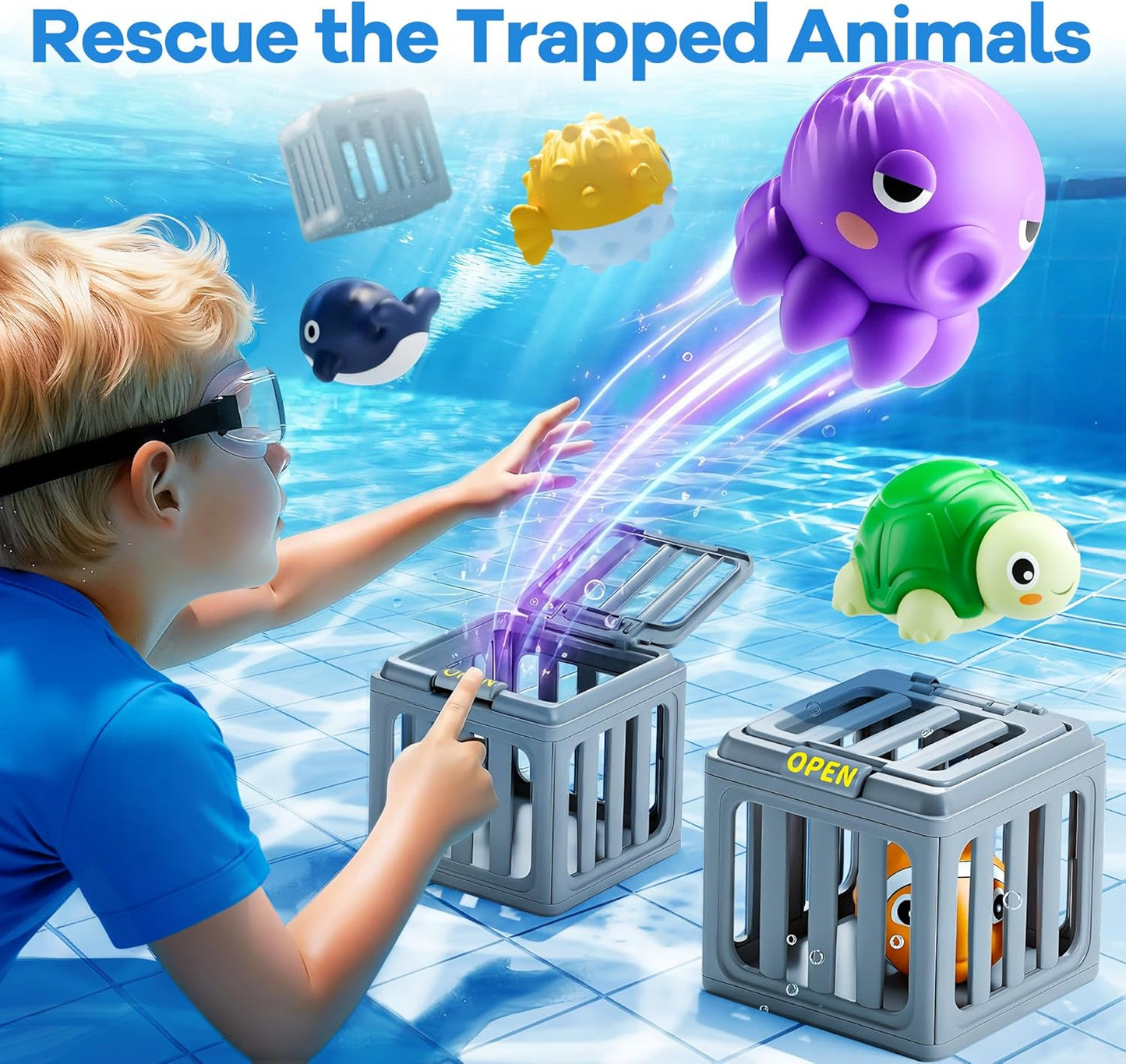 Kids Pool Diving Toys Play Set with Fish Box Floating Animals