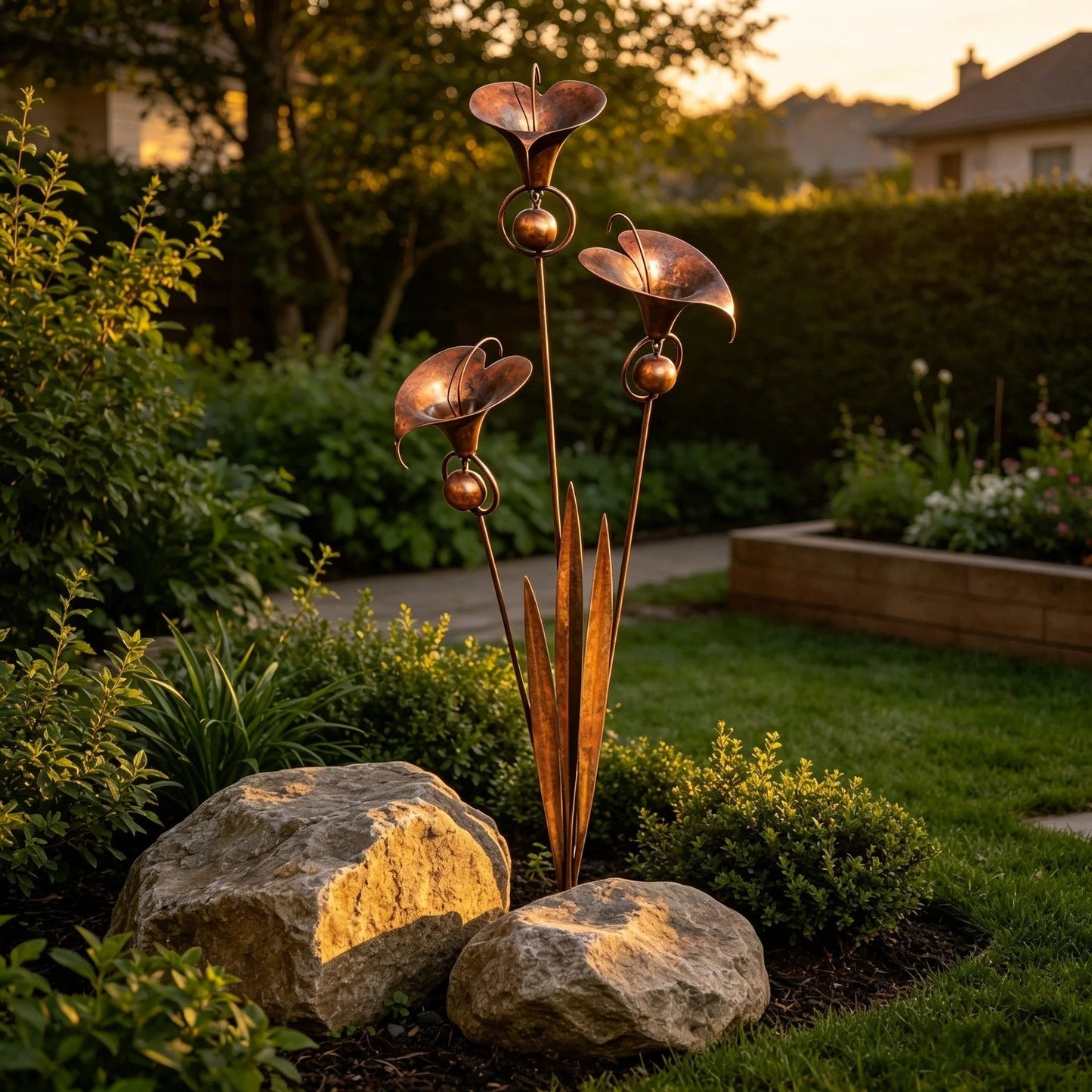 ⚡️Flash Sale🏡Flamed Copper Three Calla Lilies Garden Stake with Bells