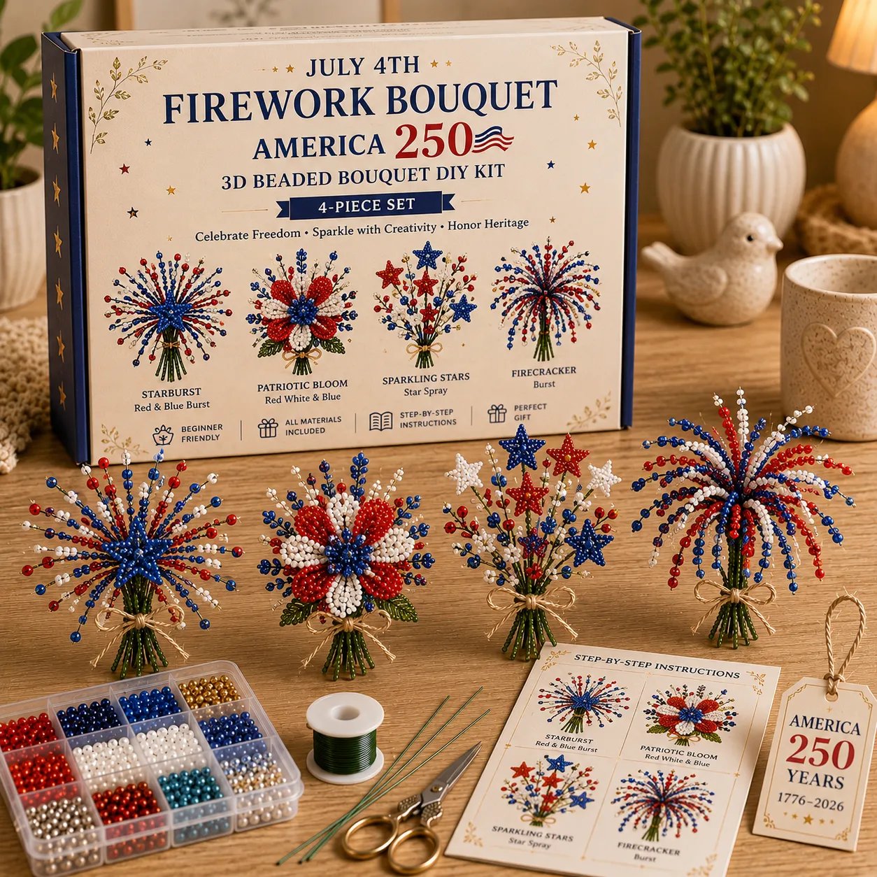 🔥LAST DAY 70% OFF-America 250 Beaded Bouquet DIY Kit – Limited Edition Patriotic Craft Collection