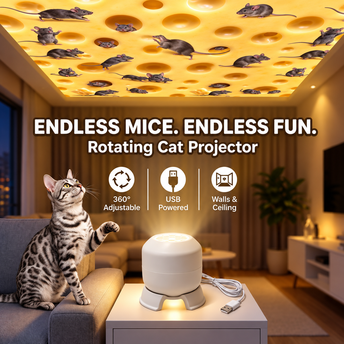 🐱 Interactive Cat Mouse Projector Toy – USB-Powered Rotating Play Light