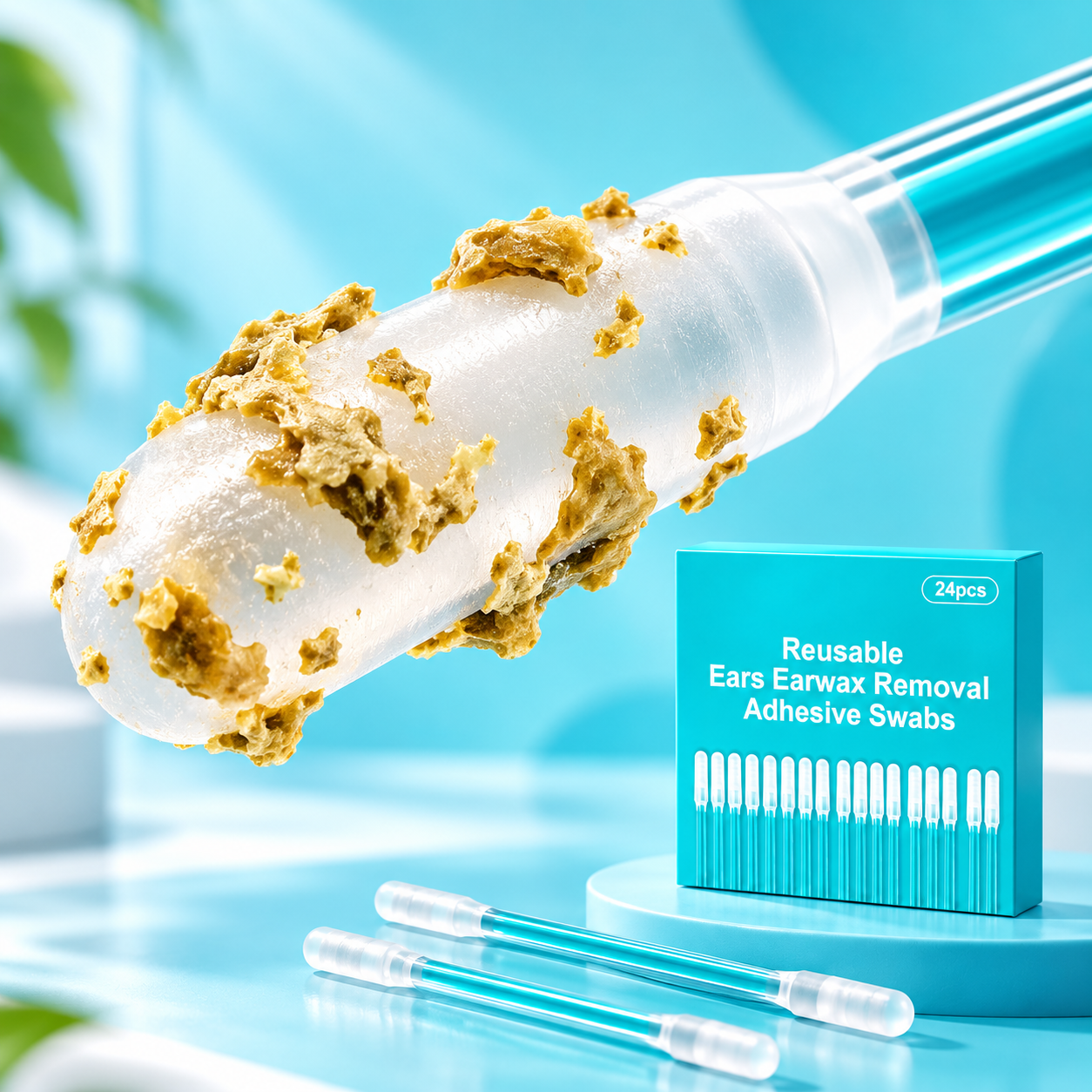 Close-up view of adhesive earwax cleaning tip