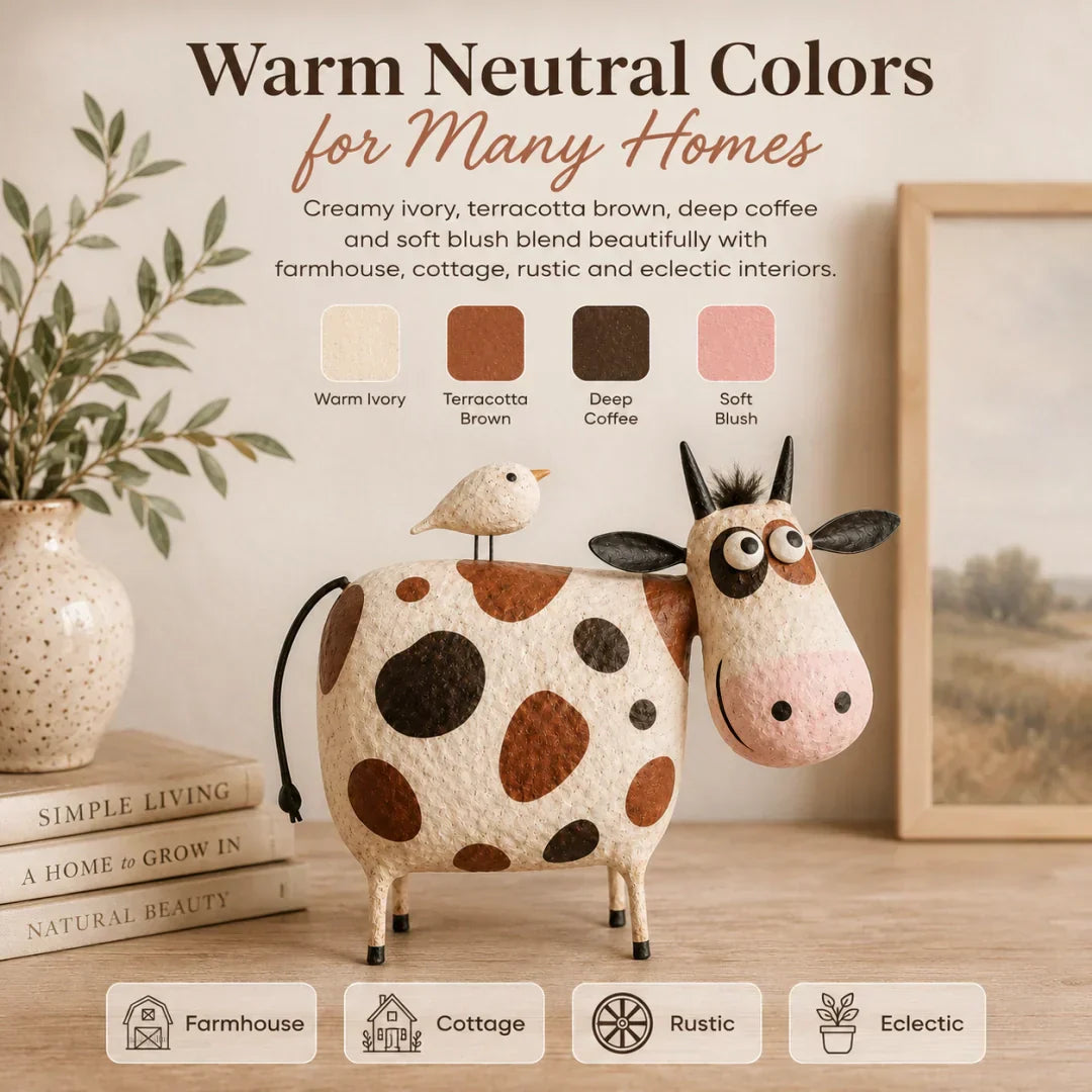🔥Hot Sale🐮Whimsical Cow & Bird Folk Art Figurine – Rustic Farmhouse Tabletop Decor Gift