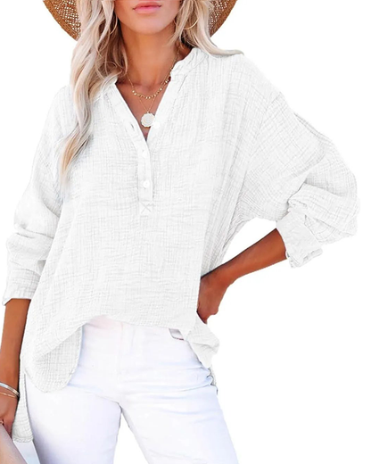 Damen Casual V-Ausschnitt Langarmshirts Knöpfe Solide Blusen Oberteile