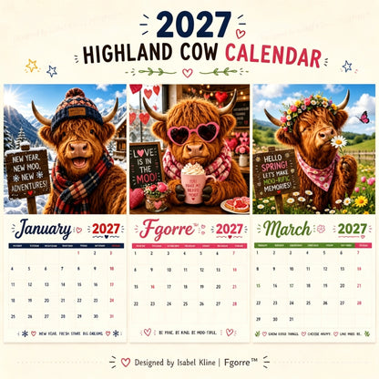2027 Funny Highland Cow Wall Calendar | A4 Hanging Calendar | Designed by Isabel Kline