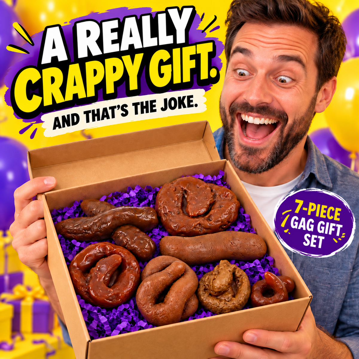 A hand gently squeezing a soft fake poop prank prop