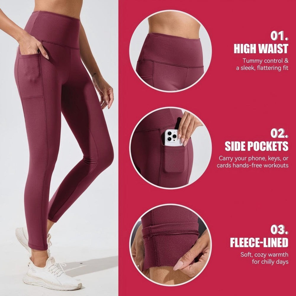 High Waisted Warm Wool Lined Tight Pants With Pockets