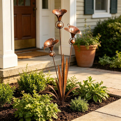 ⚡️Flash Sale🏡Flamed Copper Three Calla Lilies Garden Stake with Bells