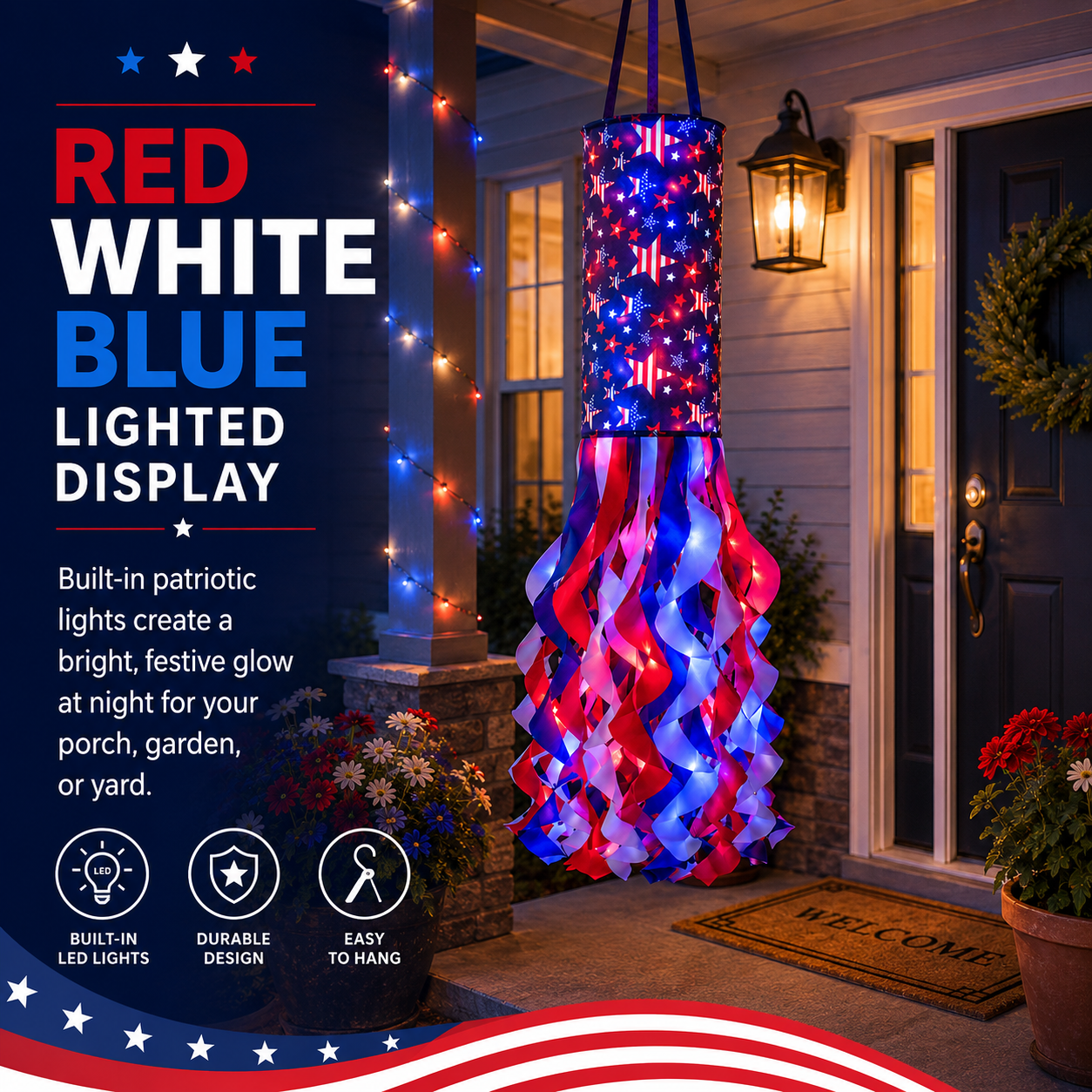 🗽USA 250th Anniversary Light-up Hanging Windsock Patriotic Decor🦅