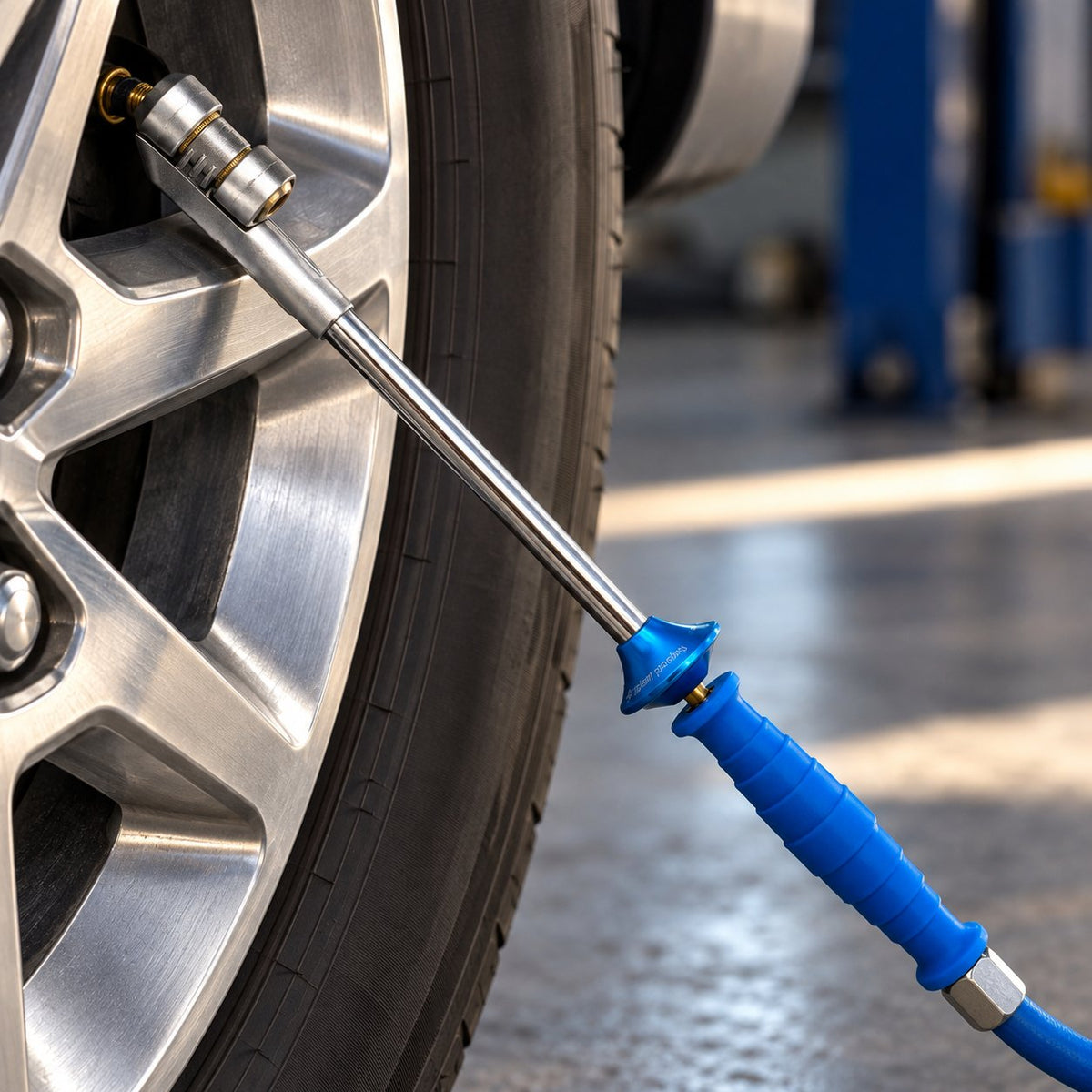 Long metal tire inflation rod connecting to a recessed tire valve on a vehicle wheel