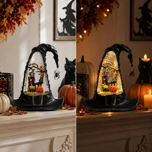 🎃🧙‍♀️Witches Hat Lighted Water Lantern With Swirling Glitter - USB Included