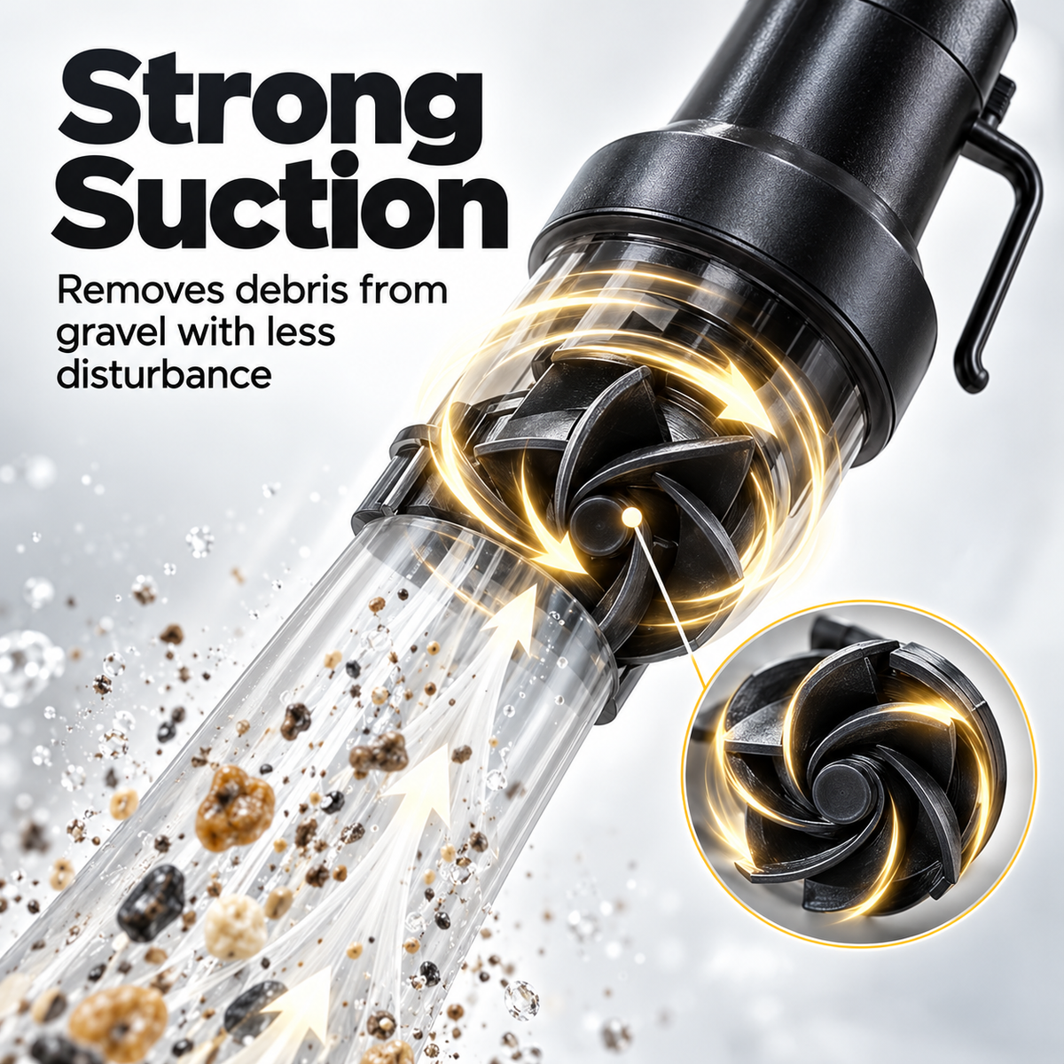 Close-up graphic of the gravel cleaner suction and impeller