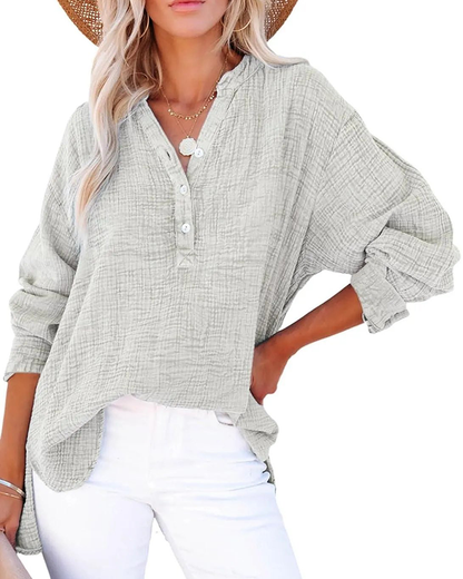 Damen Casual V-Ausschnitt Langarmshirts Knöpfe Solide Blusen Oberteile