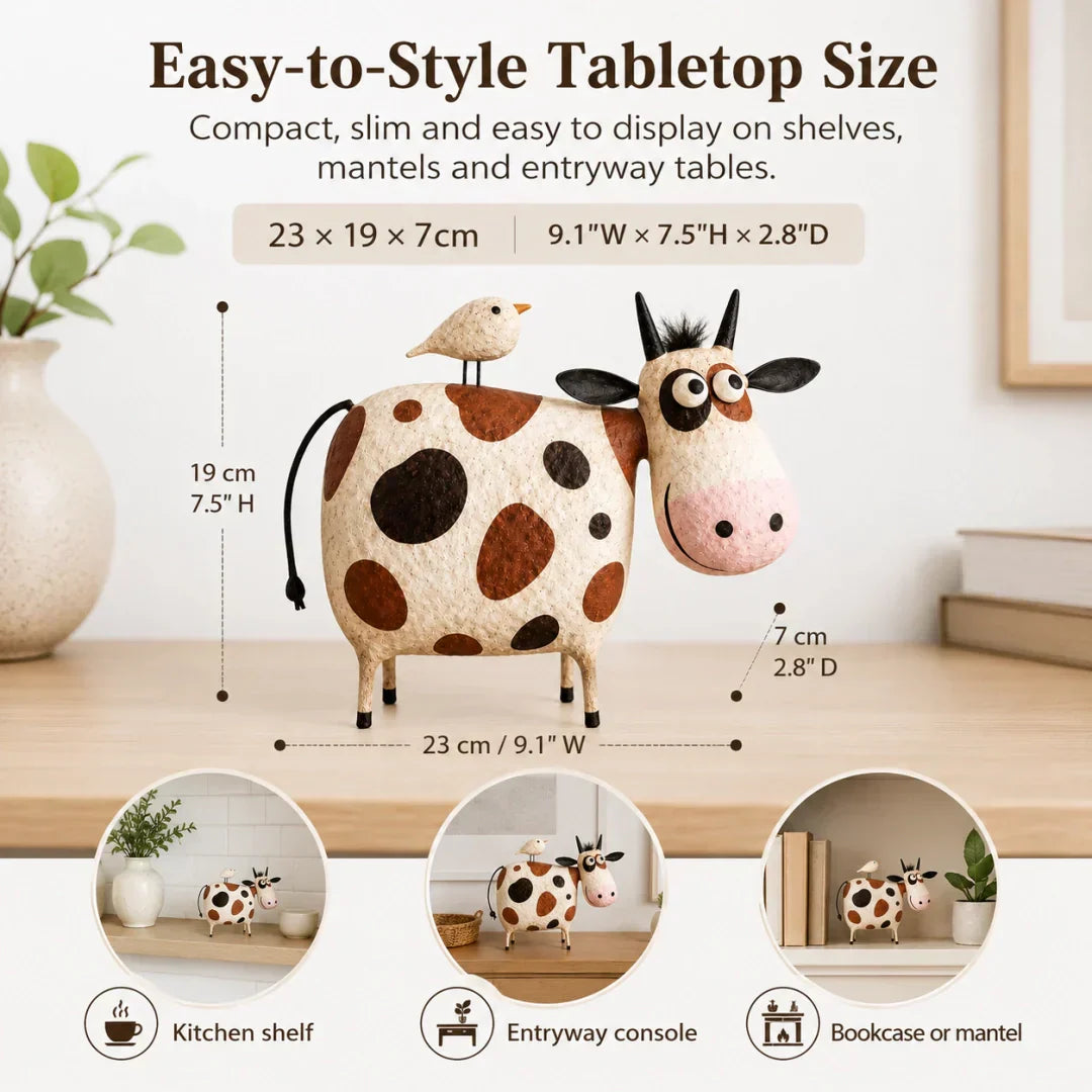 🔥Hot Sale🐮Whimsical Cow & Bird Folk Art Figurine – Rustic Farmhouse Tabletop Decor Gift